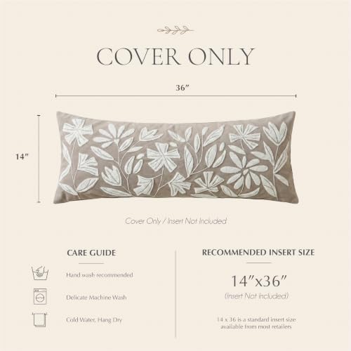 BlissBlush Long Lumbar Pillow Cover 14x36 for Bed, Light Taupe Floral Tufted Velvet Accent Oversize Throw Pillowcase for Bedroom, Cover Only - Image 6