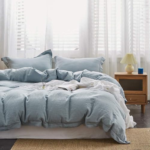 Simple&Opulence 100% Linen Duvet Cover Set with Embroidery Border Washed - 3 Pieces (1 Duvet Cover & 2 Pillow Shams) with Button Closure Soft Breathable Farmhouse - Dusty Blue, Queen Size by SimpleOpulence