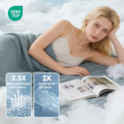 EMME Cotton Muslin Super King Blanket 4 Layer，Oversized Gauze Bedspread Coverlet, Soft Lightweight Breathable Layered Blanket for All Season (Heather Teal, 120"x94") - Image 3