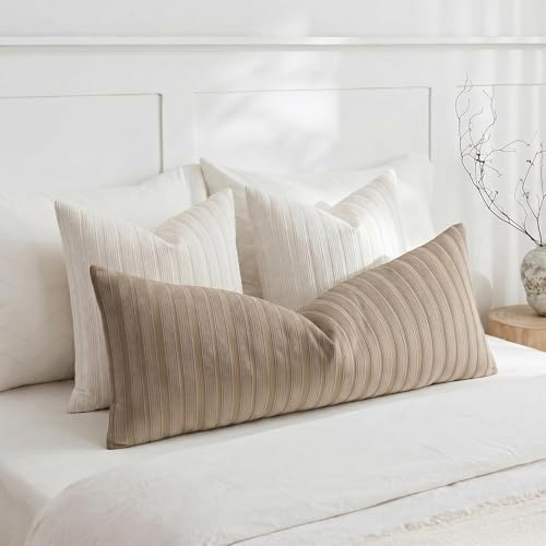 DEZENE 14x36 Khaki Lumbar Pillow Covers Soft Striped Corduroy Neutral Rectangular Long Body Pillow Cases for Couch Sofa Bedroom Living Room Home Decor - Image 4