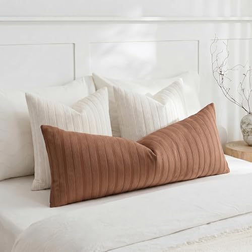 DEZENE 14x36 Rust Lumbar Pillow Covers Soft Striped Corduroy Fall Christmas Rectangular Long Body Pillow Cases for Couch Sofa Bedroom Living Room Home Decor - Image 4