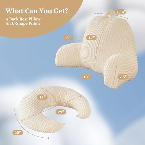 19" Reading Pillow for Bed,U Shaped Arm & Elbow Support,White Corduroy - Image 3