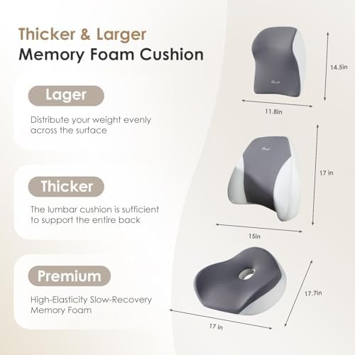 FLORICH Upgraded 3-in-1 Memory Foam Car Seat Cushion Set with Lumbar Support & Neck Pillow, Washable Driving Seat Cushion for Back & Sciatica Pain Relief, Non-Slip Seat Cushion for Car, Office-Gray - Image 2
