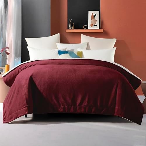 Elegant Comfort Ultra Soft Reversible Flannel Sherpa Blanket - Cozy Silky Fleece Throw for Couch, Bed - Plush Fuzzy Warm Winter Blanket for Gift, Full, Burgundy - Image 4