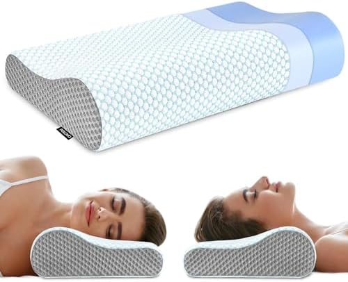 Memory Foam Pillows Neck Pillow Bed Pillow for Sleeping, Ergonomic Cervical Pillow for Neck and Shoulder Pain Relief,Orthopedic Contour Pillow for Side Back Stomach Sleeper(Blue&Grey) by Polovo