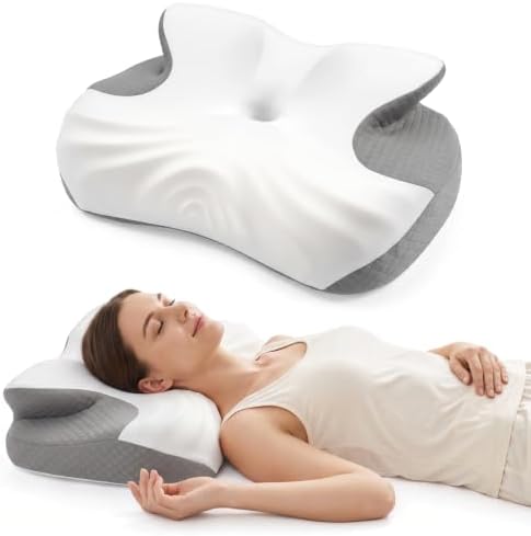Low Profile Cervical Pillow for Neck Pain Relief, Orthopedic Memory Foam Pillow with Dual Height 4.3" & 5.1" Loft, Cooling Butterfly Contour with Arm Rest for Side and Back Sleepers by Unknown