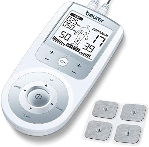 Beurer EM44 TENS Unit Muscle Stimulator with 50 Intensity Levels for Muscle Pain Relief, Muscle Stimulator Includes 4 Electrode TENS Pads, Belt Clip, and Batteries with Tens Machine, FSA-HSA by BeurerNorthAmerica