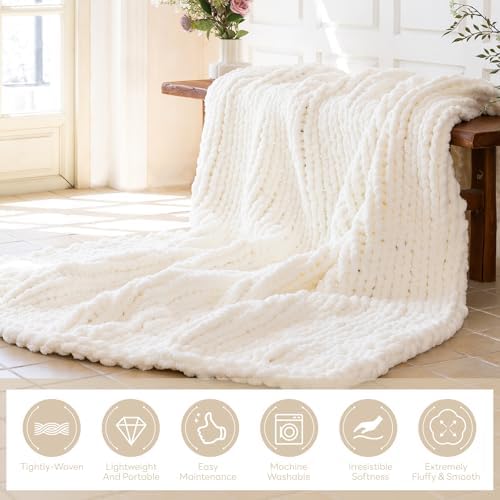 Chunky Knit Throw Blanket for Couch，80X90 Inches Ivory - Image 2