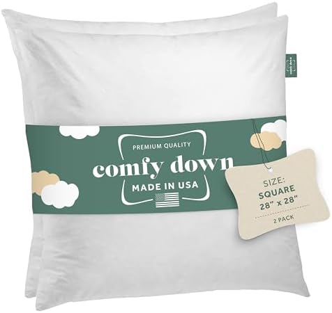 ComfyDown 28x28 Throw Pillow Insert, Down & Feather Fill, 100% Cotton Cover, Made in USA – Premium Soft Decorative Pillow Form Sham Stuffer for Bed, Sofa & Couch by ComfyDown