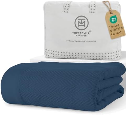 Threadmill Luxury 100% Cotton Queen Herringbone Blanket, Folkstone Blue by ThreadmillHomeLinen