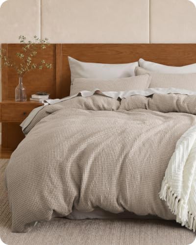 Bedsure PureWoven 3 Pieces 100% Cotton Waffle Weave Duvet Cover Set, Khaki by Unknown