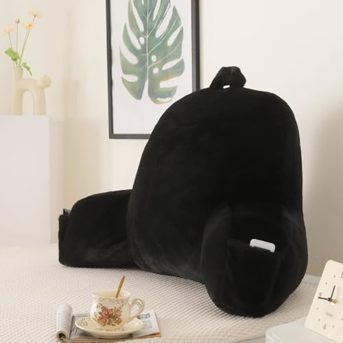 Large Plush Backrest Pillow for Sitting in Bed,Faux Fur,Black by PAJEO