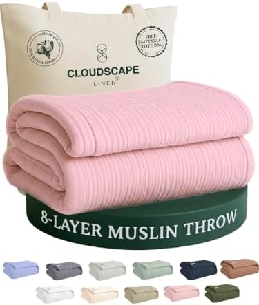 CLOUDSCAPE 8 Layer Muslin Throw for Sofa,100% Cotton 50"x70" -Seashell Pink by CloudScapeLinen