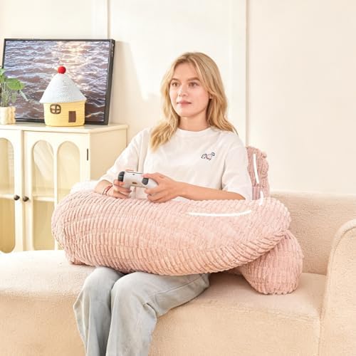 19" Reading Pillow for Bed,U Shaped Arm & Elbow Support,Pink Corduroy by PAJEO
