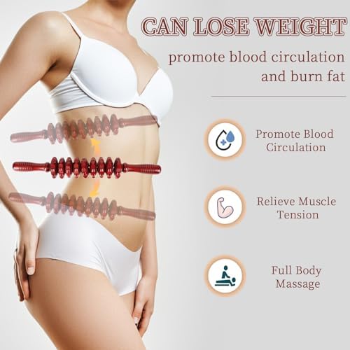 Liitrton Manual Wooden Massage Roller Stick for Muscle Relief, Red - Image 5