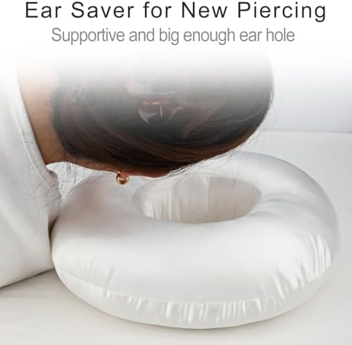 Silky Satin Piercing Pillow Ear Pillows Donut with Hole for Ear Pain CNH Piercing Pain Relief Sleeping Pressure Sore Side Sleepers Smooth Cooling Ear Guard Protector, Ivory - Image 2