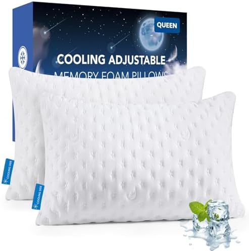 Cooling Side Sleeper Pillow for Neck and Shoulder Pain, Luxury Shredded Memory Foam Pillows for Sleeping, Firm Bed Pillows Queen Size Set of 2- Adjustable Queen Size- Washable Cover Original White by Kucey