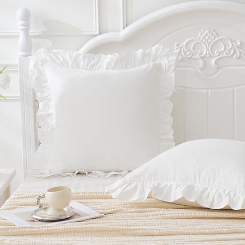 26"x26"Vintage Off White Ruffle Euro Shams Shabby Farmhouse Pillow Cover by Qilunn
