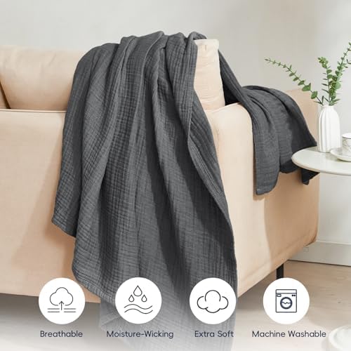 PHF 100% Cotton Muslin Throw Blanket 50" x 60", 4-Layer Lightweight Gauze Throw, Breathable Cloud-Soft Minimalist Blanket for Bed, Couch, Camping & Baby, Greyish Black, Ideal Gift - Image 5