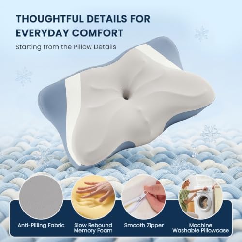 Sweetcrispy Queen Cervical Pillow for Neck and Shoulder - Ergonomic Memory Foam Pillows, Contour Side Sleeper for Adults, Cooling Orthopedic Neck Support for Back Stomach Sleepers, Grey & Blue - Image 5