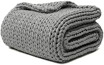 YnM 100% Cotton Weighted Blanket, Handmade Chunky Knitted Throw, No fillers Design, Soft and Breathable, Machine Washable Bed Blanket for Sleep or Home Decor (Lighte Grey, 80x84 Inch, 35lbs) by YNM