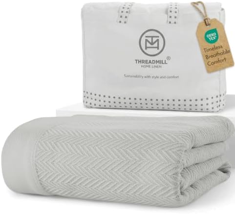 Threadmill Luxury 100% Cotton King Herringbone Blanket, Light Grey by ThreadmillHomeLinen