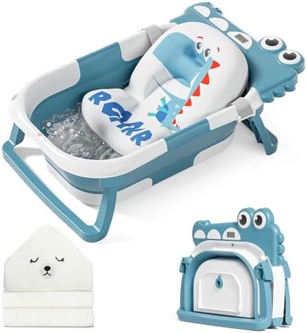 MoreFeel Collapsible Baby Bathtub for Newborn with Thermometer & 1 Hooded Towel & 1 Soft Floating Cushion,Portable Travel Bathtub with Drain Hole, Durable Foldable Baby Tubs for Infants to Toddler by Morefeel