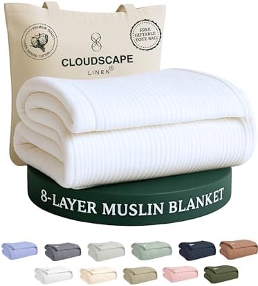 CLOUDSCAPE 8 Layer Muslin Blanket Queen Size 92"x92", 100% Cotton - White by CloudScapeLinen