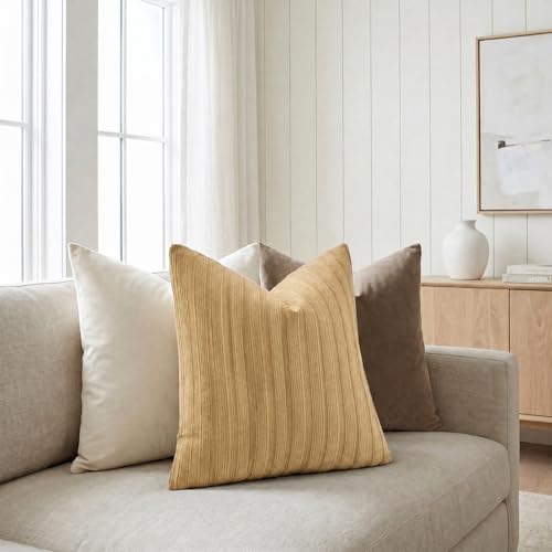 DEZENE 22x22 Mustard Yellow Throw Pillow Covers Pack of 2 Soft Striped Corduroy Square Spring Summer Pillow Cases for Couch Sofa Bedroom Living Room Home Decor - Image 4