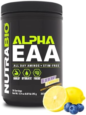 NutraBio Alpha EAA - All-Day Amino Acids for Muscle Growth and Hydration - Essential Amino Acids with Nootropics & Adaptogens- Full Spectrum EAA BCAA Powder - 30 Servings - Blueberry Lemonade by NutraBio