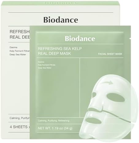 BIODANCE Refreshing Sea kelp Real Deep Mask, Overnight Hydrogel Face Mask, Calming, Oil & Sebum Control, Blemish Care, After Sun Care, Sunburn Relief, Korean Skin Care | 1.19oz(34g) x 4ea by BIODANCE
