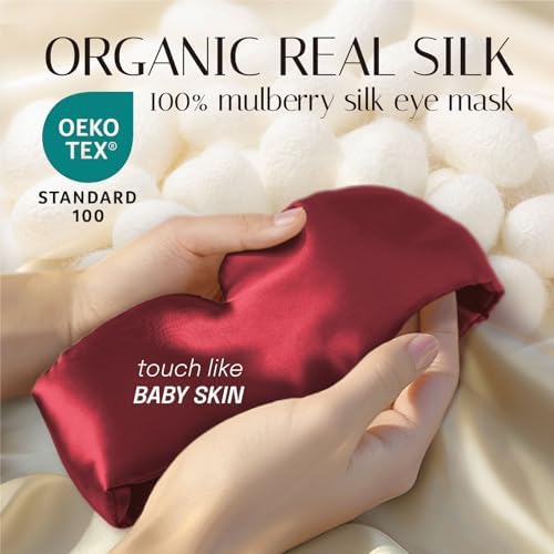 Silk Sleep Mask Soft Pressureless: 100% Mulberry Silk for Eye Skin Anti Wrinkles, Large Size for Total Blackout, Adjustable Wide Velcro Ear Cover, Burgundy - Image 3