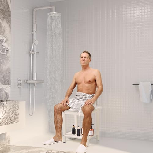 Apolimi Shower Chair, HDPE Shower Bench for Inside Shower to Sit On It, Shower Stool with Storage Shelf 2-Tier Spa Stool for Elderly,Water Resistant & Non-Slip Design Shower Seat Bench(White S Size) - Image 2