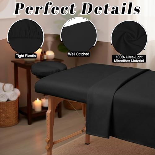Oudain 4 Sets 3 Piece Soft Microfiber Massage Table Sheets Set Bulk Includes Massage Flat Sheet and Fitted Sheet and Face Rest Cover(Black) - Image 3
