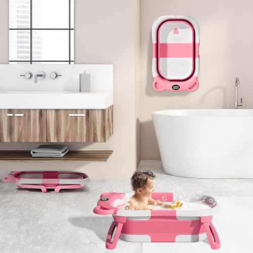 MoreFeel Collapsible Baby Bathtub for Newborn with Thermometer & 1 Hooded Towel & 1 Soft Floating Cushion,Portable Travel Bathtub with Drain Hole, Durable Foldable Baby Tubs for Infants to Toddler - Image 5