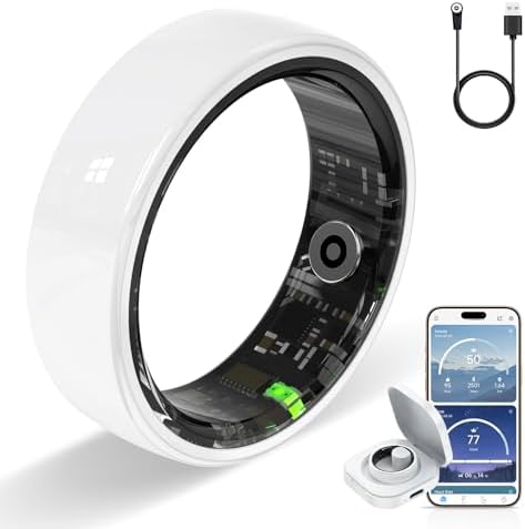 Smart Ring, Ceramics Fitness Tracker & Health Monitoring Ring with Heart Rate/SpO2/HRV/Sleep Tracking, Multi-Sport Activity Tracker, 5ATM Waterproof, iOS Android Compatible (White, 7) by Unknown