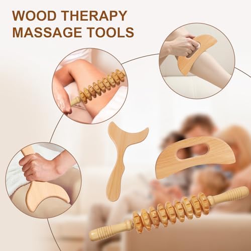 SAMEBUTECO 3 Packs Manual Wooden Fascia Massage Roller, Lymphatic Drainage Massager and Gua Sha Tool Set for Body Release Cellulite Anti Cellulite and Relieve Muscle Fatigue - Image 6