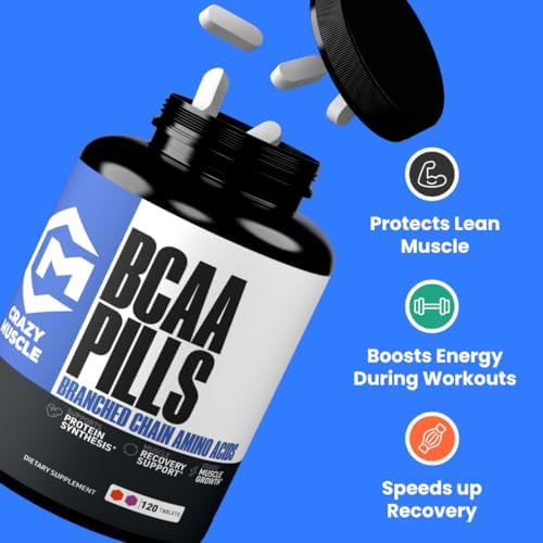 Crazy Muscle BCAA Pills Branched Chain Amino Acids Essential Supplement for Workout Support Pre Post Training Fitness Support for Men and Women 2:1:1 Ratio 120 Tablets 40 Servings. - Image 2