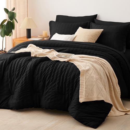 CozyLux King Size Comforter Set, 7 Pieces Black Seersucker Bed in a Bag by CozyLux