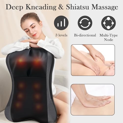 Back Massager with Heat, Shiatsu Neck and Back Massager for Pain Relief Deep Tissue, 3D Deep Kneading Cushion Massage for Neck Shoulder Legs, Suitable for Office and Home, Gifts for Men Women - Image 3