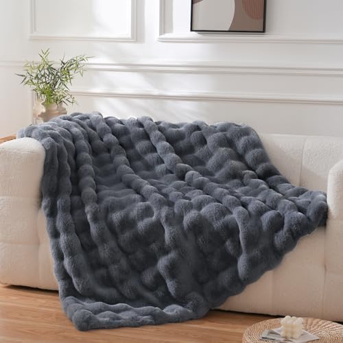 BENVWE Faux Fur Throw Blanket for Couch Bed - Fluffy Soft Thick Bubble Blanket for Living Room Home Decor - Fathers Day Birthday Gifts for Women Men, Grey, 63" x 80" by BENVWE