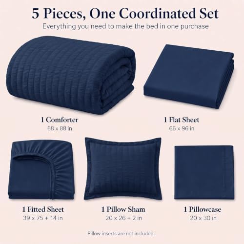 CozyLux Twin Comforter Set, 5 Pieces Navy Blue Seersucker Bed in a Bag - Image 2