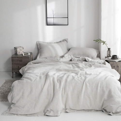 Simple&Opulence 100% Linen Duvet Cover Set with Embroidery Border Washed - 3 Pieces (1 Duvet Cover with 2 Pillow Shams) with Button Closure Soft Breathable Farmhouse - Light Grey, Queen Size by SimpleOpulence