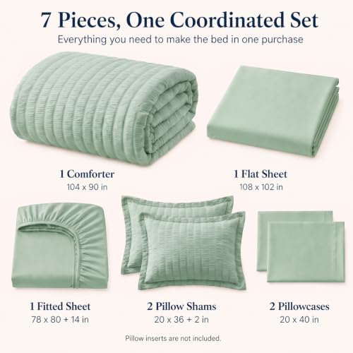 CozyLux King Size Comforter Set 7 Pieces Sage Green Seersucker Bed in a Bag - Image 2