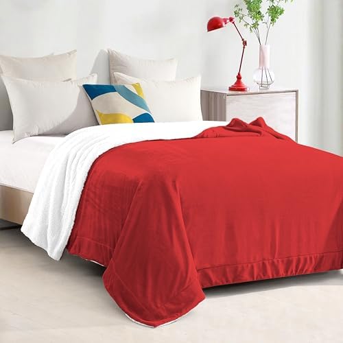Elegant Comfort Ultra Soft Reversible Flannel Sherpa Blanket - Cozy Silky Fleece Throw for Couch, Bed - Plush Fuzzy Warm Winter Blanket for Gift, Full, Red - Image 3