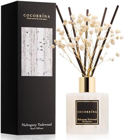 COCORRÍNA Reed Diffuser - Mahogany & Teakwood 6.7 fl oz Scented Diffuser with 8 Sticks Home Fragrance Reed Diffuser for Bathroom Shelf Decor by COCORR%C3%8DNA