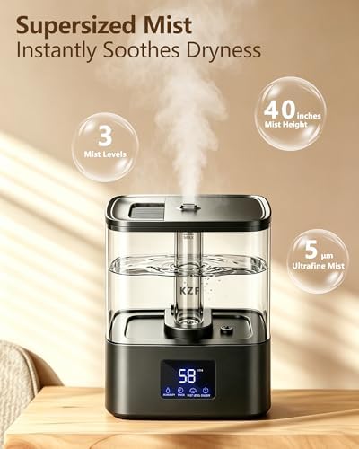 KZF 6L Top Fill Humidifiers for Bedroom & 60H Runtime - Cool Mist Humidifier, 3 Mist Levels, 8H Timer, Essential Oil Tray, Humidity Display, Quiet for Bedroom, Baby, Plants, Large Room (Black, 6L) - Image 4