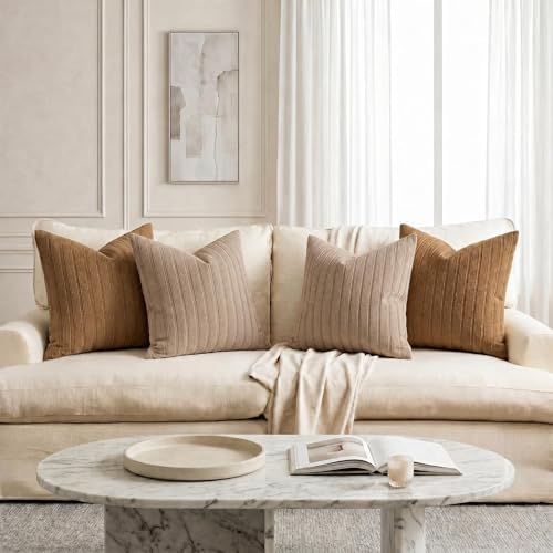 DEZENE 20x20 Brown Throw Pillow Covers Pack of 2 Soft Striped Corduroy Square Rustic Farmhouse Pillow Cases for Couch Sofa Bedroom Living Room Home Decor - Image 7