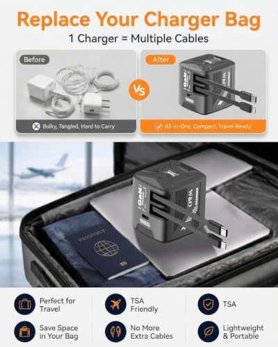 W & O 60W Gan Fast Charger Wall Plug, Built-in Retractable USB-C & L Cables - Image 5