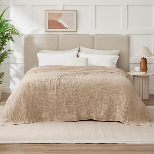 100% Cotton Muslin Blanket California King 120" x 90", 6 Layers Breathable and Lightweight Oversized Blankets for Bed, Soft Cooling Gauze Blanket for Adults All Season, Beige - Image 7